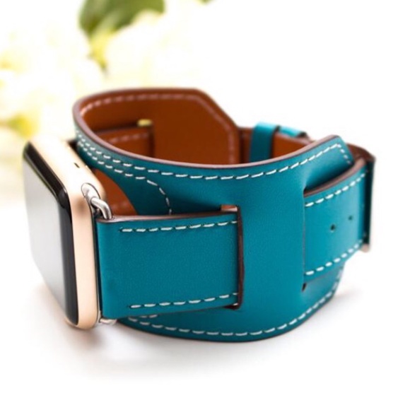 Vegan Leather Blue Double Cuff Watchband for Apple - Picture 3 of 14
